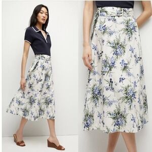 Veronica Beard Hibiscus Floral Belted Midi Skirt - 100% Cotton A-Line Blue White